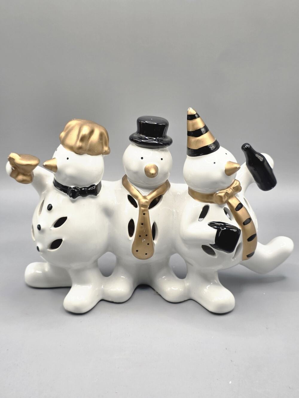 Ceramic Snowman Trio Tealight Candle Holder Party Festive White Gold Black...